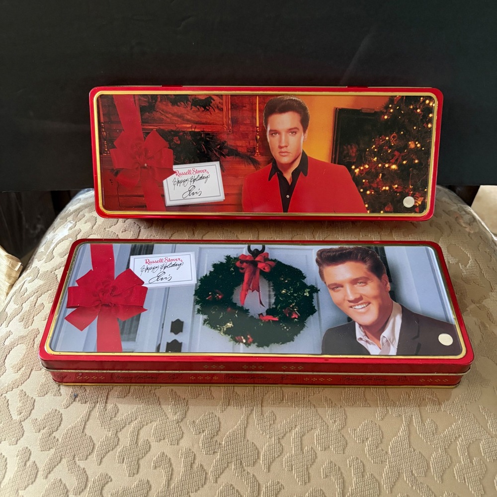 Vintage Russell Stover Elvis Presley Holiday Chocolate Tins Set of 2 1998 1999
